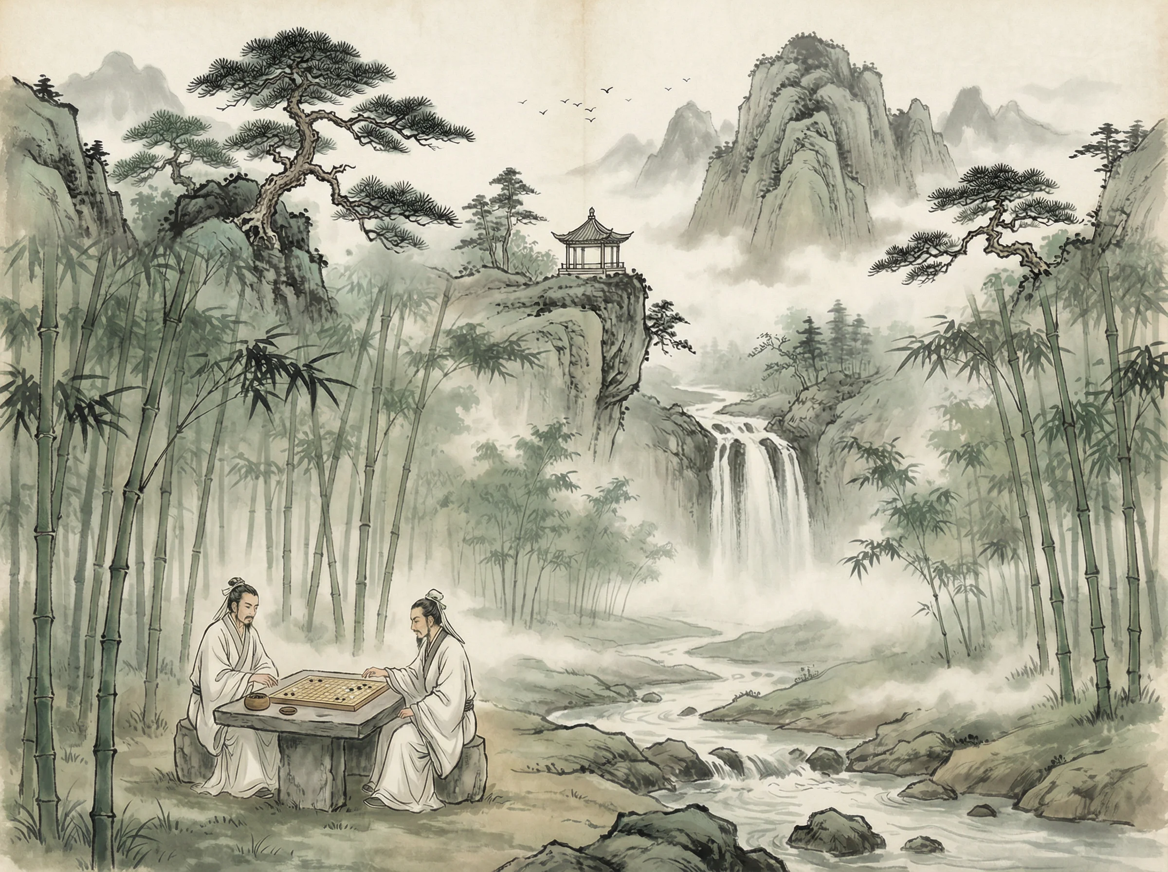 水墨山水画，松亭瀑布，抢庄牛牛 意境延伸