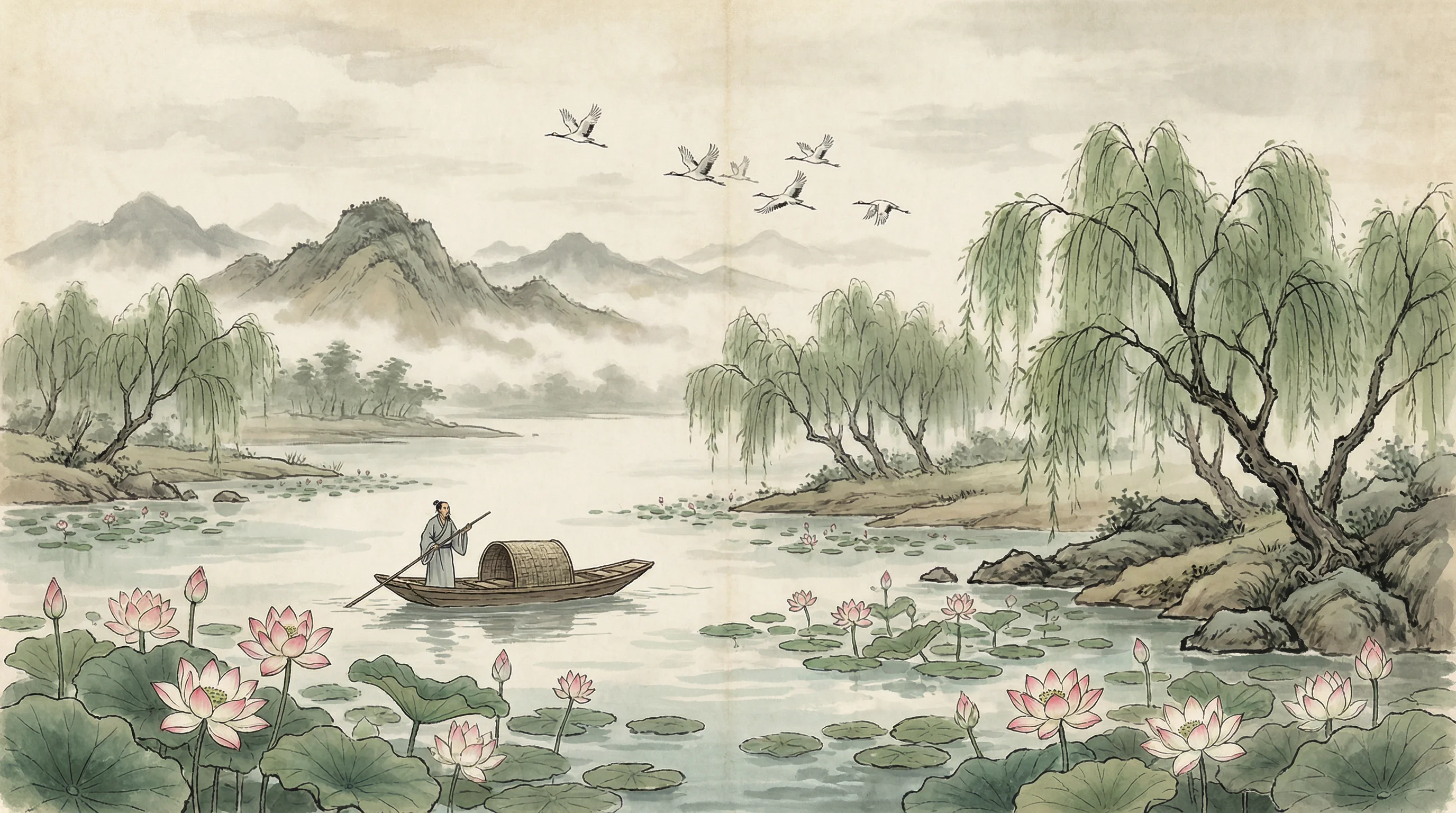 荷塘泛舟水墨画，与 抢庄牛牛 禅意相映